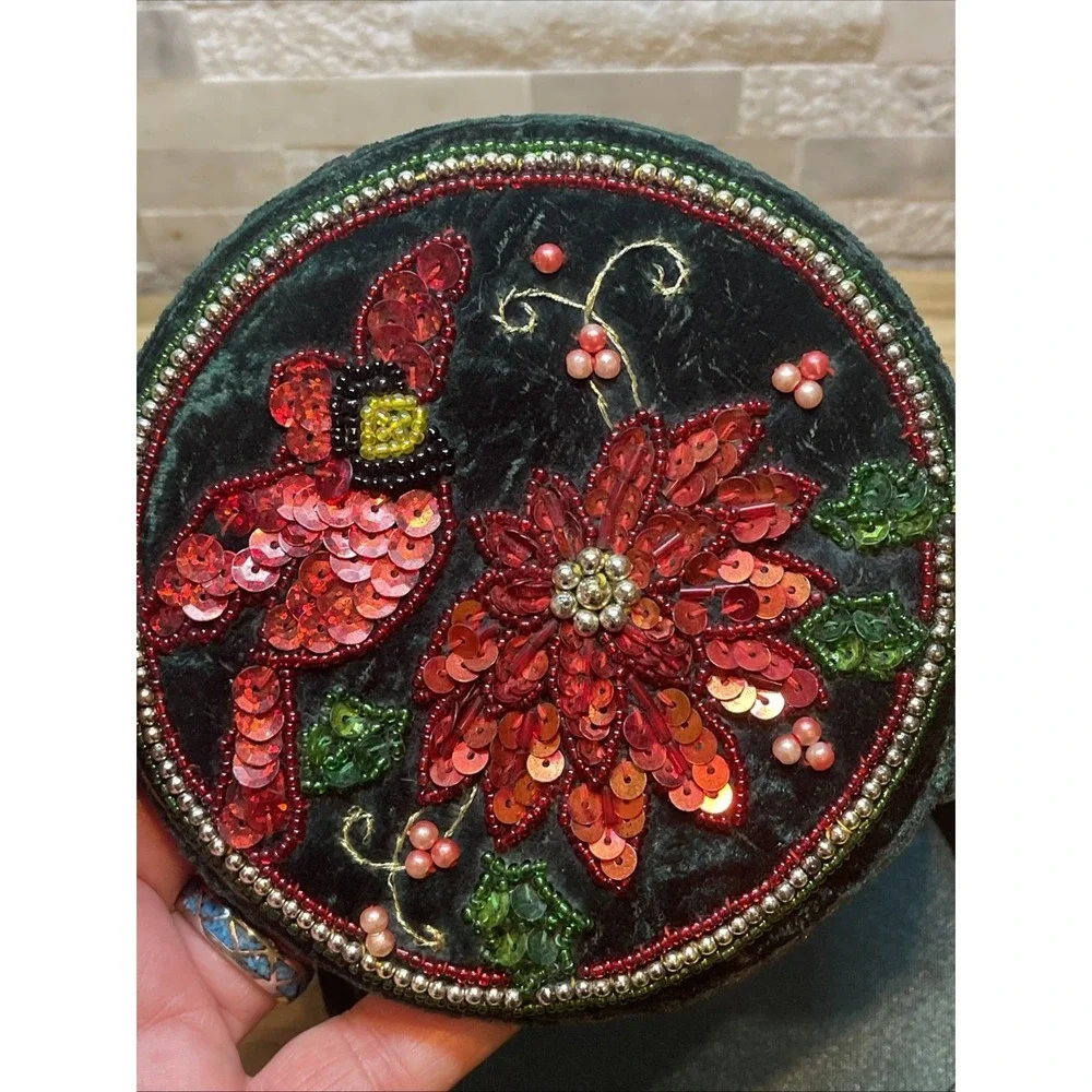 Green‎ Crushed Velvet Covered Tinker Box Red Beaded Bird & Flower/Gold Bead Trim